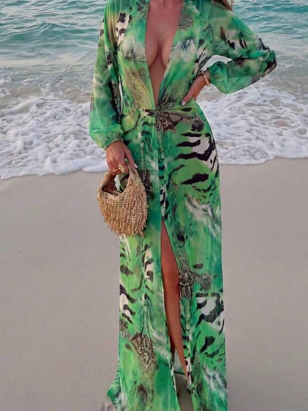 SHEIN Green Printed Maxi Dress with Plunge Neck